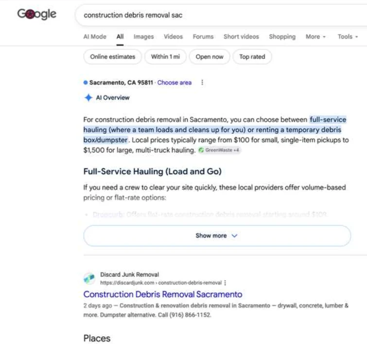 Google results for ‘construction debris removal sacramento’ with Discard ranking on page one