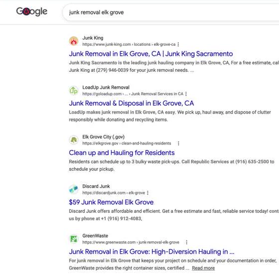Google results for ‘junk removal elk grove’ with Discard ranking on page one