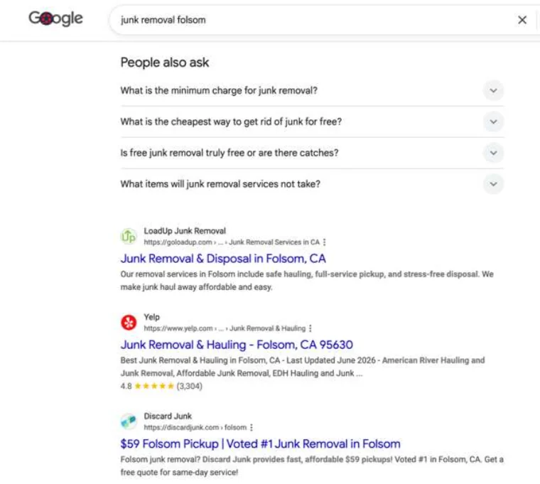 Google results for ‘junk removal folsom’ with Discard ranking on page one