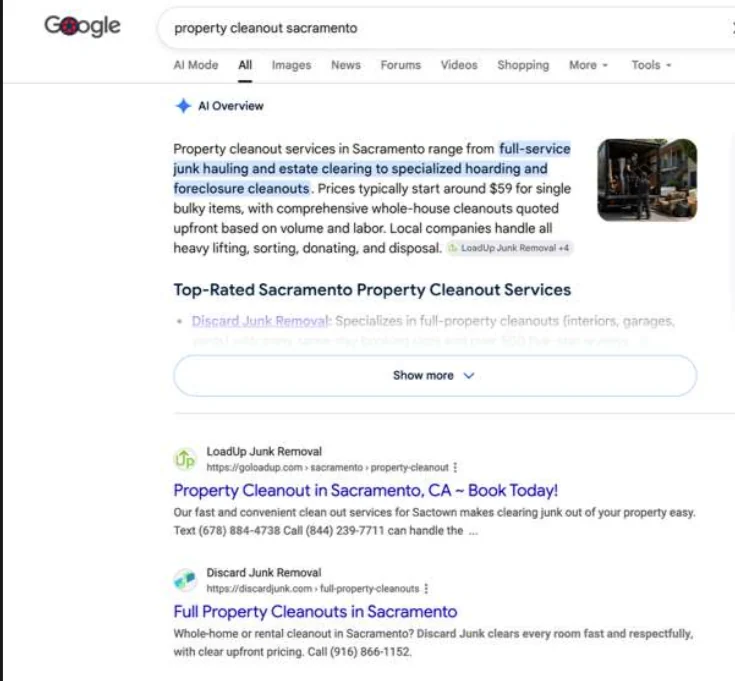 Google results for ‘property cleanout sacramento’ with Discard ranking on page one