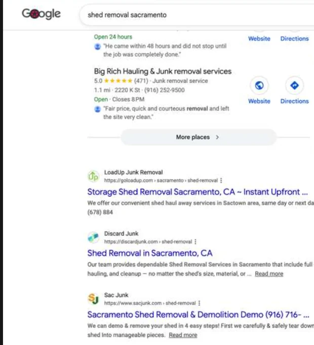 Google results for ‘shed removal sacramento’ with Discard ranking on page one below the local map pack